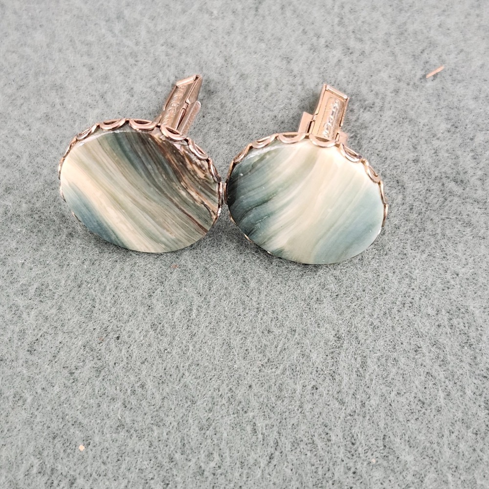 Vintage Gold Tone Blue Agate Stone Chunky Cuff Links Cufflinks
